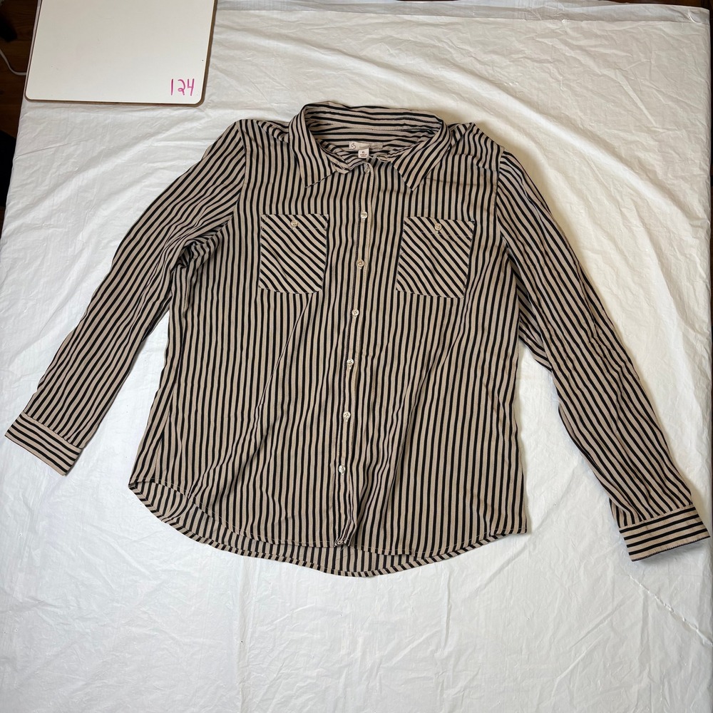 Dressbarn 1962 Womens Striped Button Down Shirt Top XL Beige Black Long Sleeve